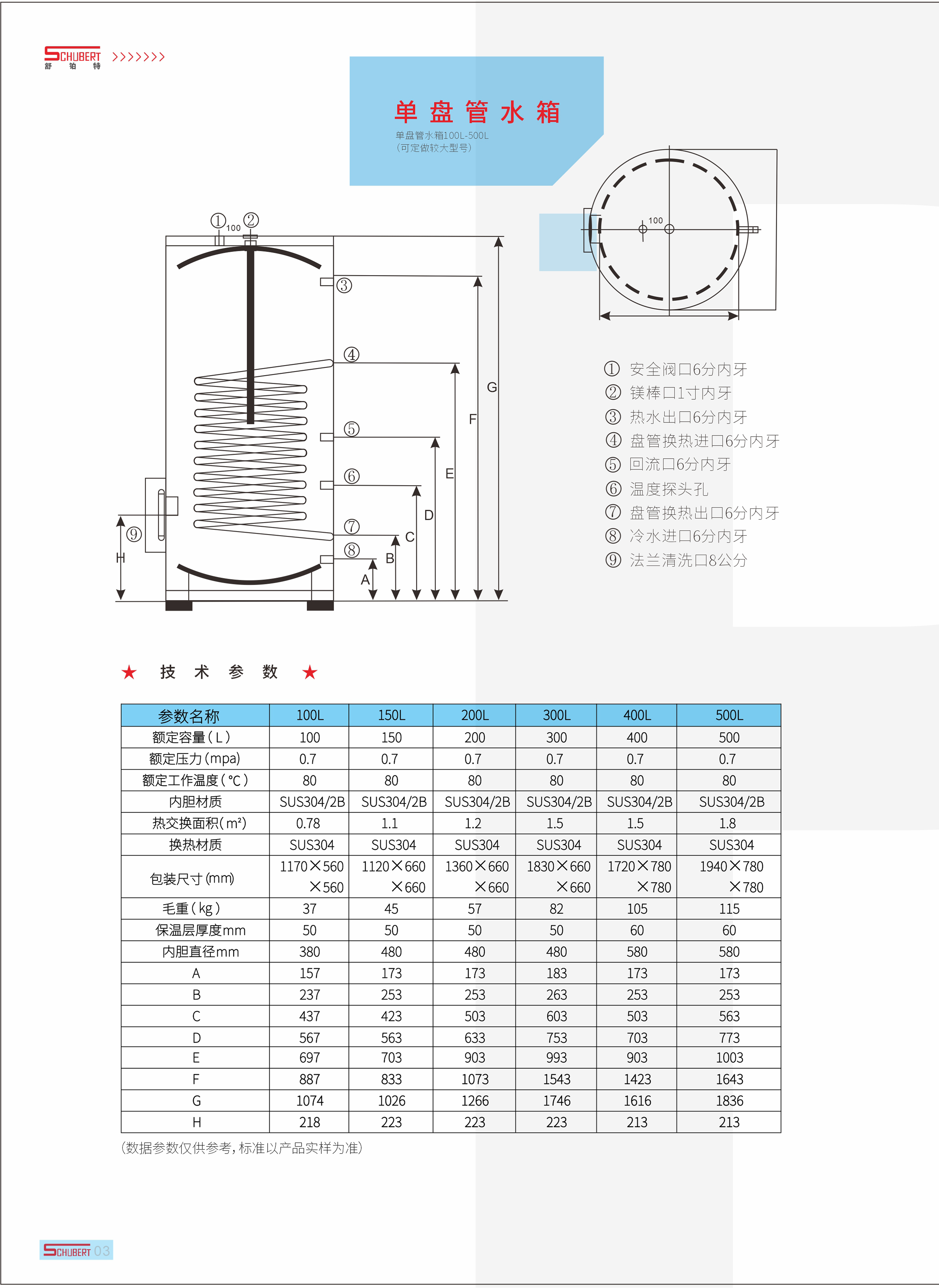 舒铂特单盘管水箱产品参数